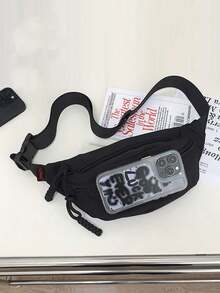 男士时尚胸包，网红同款腰包，大容量优质尼龙单肩包 - 黑色 - 查看 4