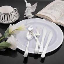 50pcs Silver Plastic Plates, Silver Disposable Dinnerware Set Includes Plates, Dessert/Salad Plates, Silver Forks, Knives And Spoons - Serves 10/25/50 People, Tableware Set Perfect For Weddings, Holidays, Parties