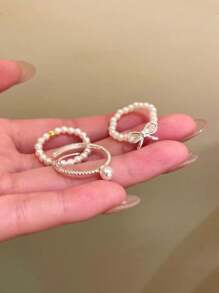 3pcs/Set Minimalist Bow Pearl Beaded Adjustable Rings Set, Sophisticated Stackable Jewelry For Daily Wear, Great Gift For Girlfriend, Sister, Christmas, Valentine's Day, Birthday, Mother's Day