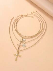 4pcs/Set Retro Metal Geometric Round Pendant Multilayer Necklace, Women's Punk Style Jesus Cross Pendant Necklace