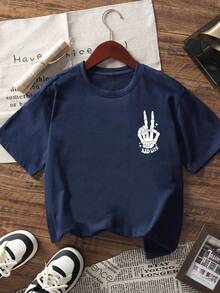 1pc Young Boy Casual English Text Print Navy Round Neck Short Sleeve T-Shirt, Summer Top For Toddler - Navy Blue - View 5