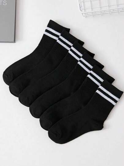 3pairs Classic Black Mid-Calf Socks With Two Stripes Are Suitable For Autumn And Winter.