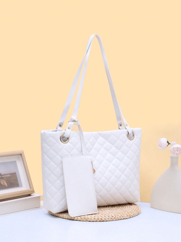 1pc White Rhombus Embroidered Tote Bag, Fashion Versatile Minimalist Shoulder Bag For Women, Suitable For Shopping, Commuting