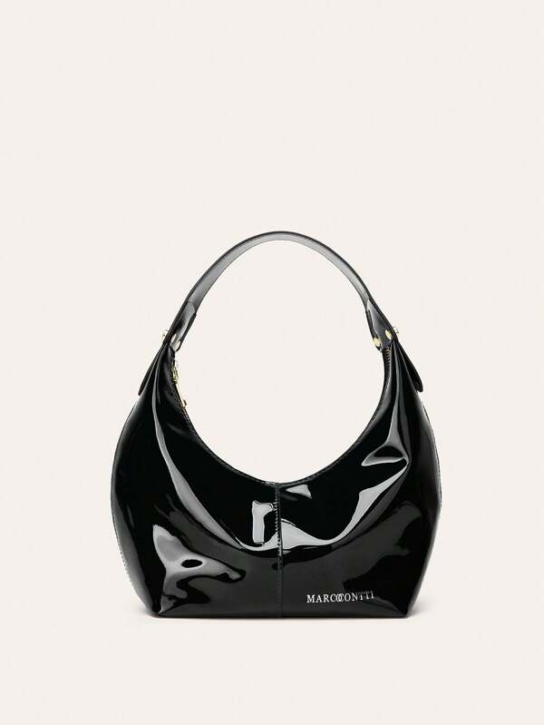 Fashionable Crescent Moon Shaped Handbag, Glossy Lacquered Leather Underarm Tote Bag, Chic & Unique Design For Women