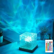 1pc Rotating Starry Sky Night Projection Light - 16 Color Remote Control USB Powered Round/Square Water Wave Atmosphere Lamp, With Birthday Gift, Bedside Bedroom Flame Aurora Shadow Mood Light, Night Light, Desk Lamp Functions