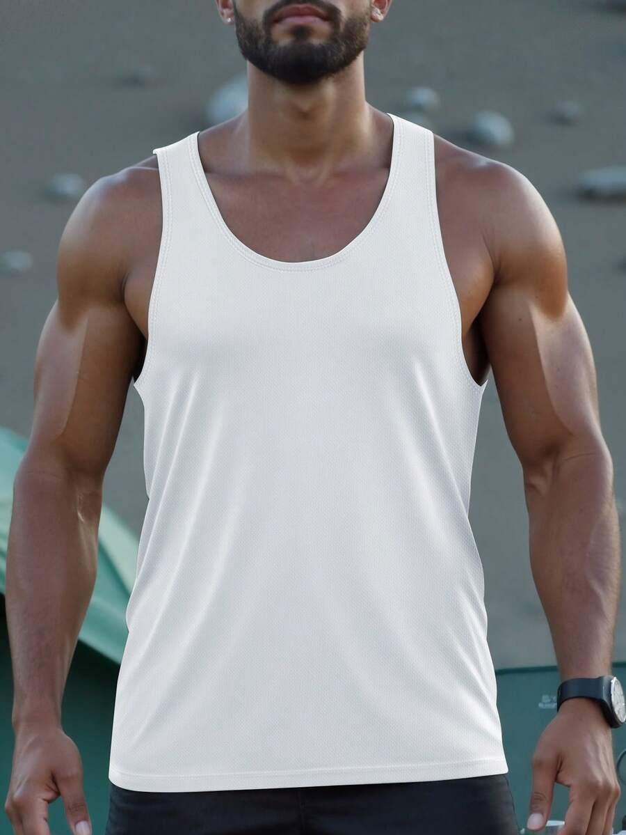 男士无袖健身背心，工字背设计，手臂活动更自由，适合举重和户外骑行，透气且不受限制 - 白色 - 查看 1