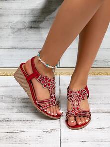 Women's New Platform Wedge Sandals - Vintage Rhinestone Elastic Band Bohemian Style Roman Shoes - Suitable For Vacation And Travel - Hot Pink - View 2