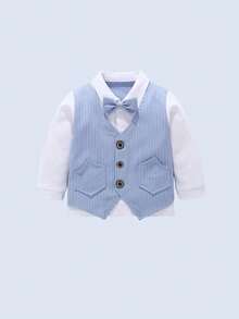 BOARNSEORL 两件套男童绅士套装，条纹衬衫配领结和裤子，时尚套装，适合婚礼、生日派对、新年、圣诞节、家庭聚会等场合。 - 藍色 - 查看 2