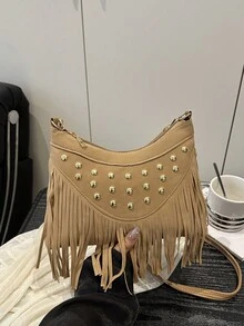1pc Khaki PU Smooth Zipper Fringe Rivet Decorated Fashion Casual Crossbody Bag, & Versatile For Women Everyday Use, Summer New Arrival - Khaki - View 8
