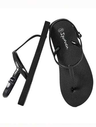 Sandalias de tanga negras para mujer con suelas blandas, detalles texturizados en la parte superior, diseño cómodo de fácil deslizamiento, antideslizante y duradero, para primavera/verano