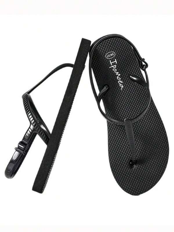 Sandalias de tanga negras para mujer con suelas blandas, detalles texturizados en la parte superior, diseño cómodo de fácil deslizamiento, antideslizante y duradero, para primavera/verano