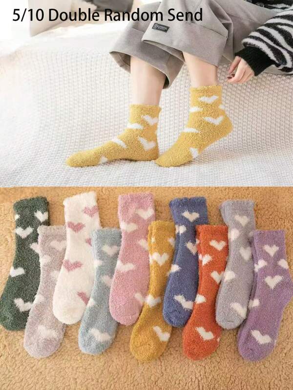 5/10 Pairs Random Women Autumn/Winter Heart Pattern Warm Thermal Lined Socks For Home, Sleep, Gift, Maternity Socks