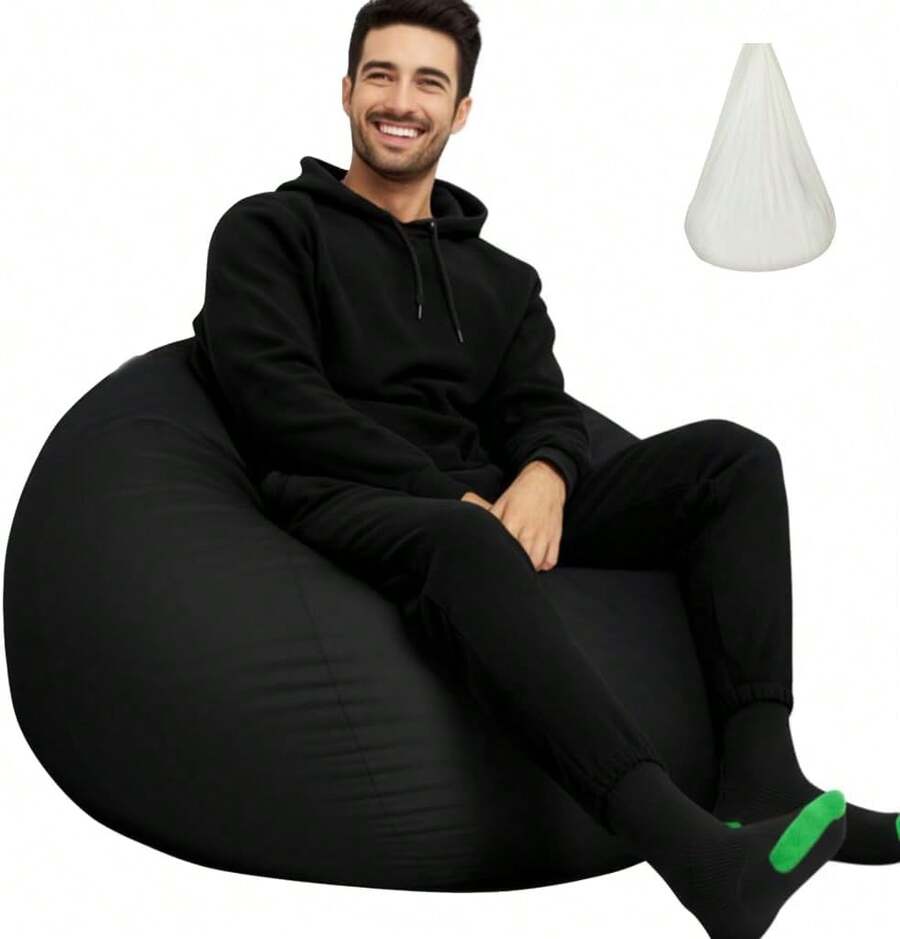 Bean Bag Cover With Liner Only Washable 3ft (No Filler) Velvety Luxurious Microfiber Suede Bean Bag Chair Cover For Adults Indoor (Black-Cover&Liner Only, Large) - 黑色 - 查看 1