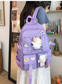 1PC Cute Kawaii Simple Solid Color Backpack Classic Basic Large Capcity School Bag New School Season Cute Cartoon Fashion Girl Backpack, Multi-Pocket Multi-Function Bear Pendant Is Very Suitable For Traveling And School Backpack, Suitable For Back To School Season,Large Capacity. Give Gifts To Friends, Back To School, School, Travel, Shopping, For Outdoor Daily Use.