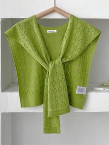 1 pieza Suéter sin mangas de mujer con cuello de chal de punto de unicolor minimalista con diseño hueco en forma de rombo, elegante y versátil abrigo exterior de hombro de moda - Multicolor - Ver 11