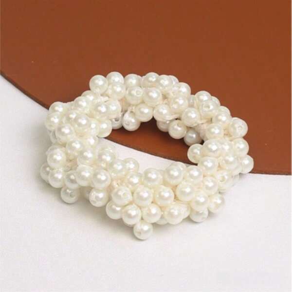 1pc White Delicate Faux Pearl Headband - Soft, Flexible, Elastic Hair Tie Suitable For Thick Hair, Perfect For Daily Charm And Special Occasions