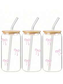 1 Stück 16oz transparenter Kaffeebecher mit rosa Schleifen Muster, inklusive Bambusdeckel und Strohhalm, große Kapazität für unterwegs, geeignet für Sommer und Winter, Geburtstags-, Feiertags- und Weihnachtsgeschenk, Glaswasserflasche, Becher, Eiskaffe Becher, süßes Produkt