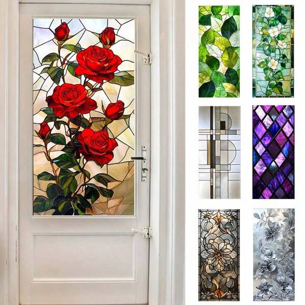 1 szt. 2D /PŁASKA geometryczna siatka, fioletowy diament, pnącze kwiatowe, zielony liść, czerwona róża, srebrny kwiat, złota płatkowa szklana folia prywatności, statyczna dekoracja PVC, zdejmowane naklejki szklane, 39,37 * 17,7 cala, do salonu, kuchni, łazienki – ochrona prywatności, dekoracja okna | Folia okienna, naklejka na szkło