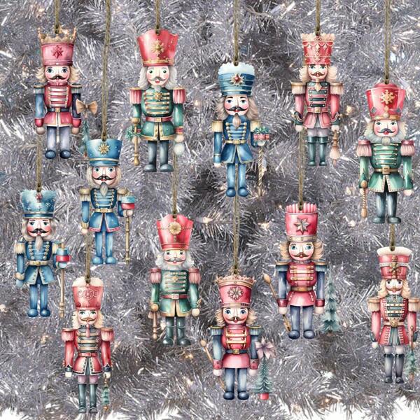 24pcs Wooden Nutcracker Soldier Christmas Decorative Ornaments, Craft Hanging Decor For Christmas Tree