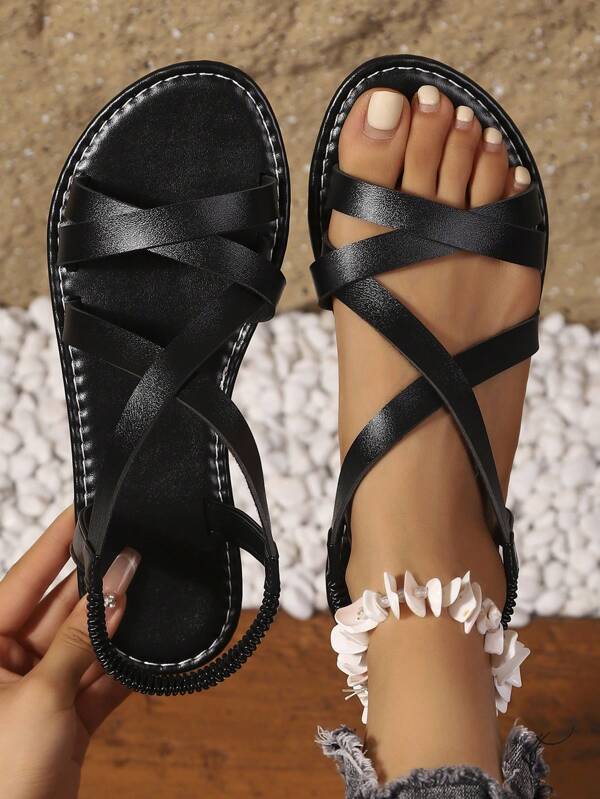 Girl's Fashion Woven Flat Jelly Sandals - Elegant Open Toe Design, Breathable Synthetic Straps, Comfortable Black And White Summer Beach Shoes
