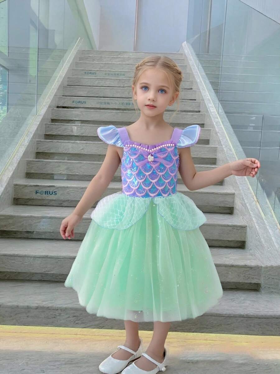 Girls' Sleeveless Sequin & Fish Scale Print Princess Mermaid Dress - Green - View 1