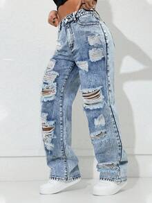 Jeans rectos de cintura alta con bolsillos laterales y abertura, estilo vintage Y2K, casual de primavera - azul real - Ver 6
