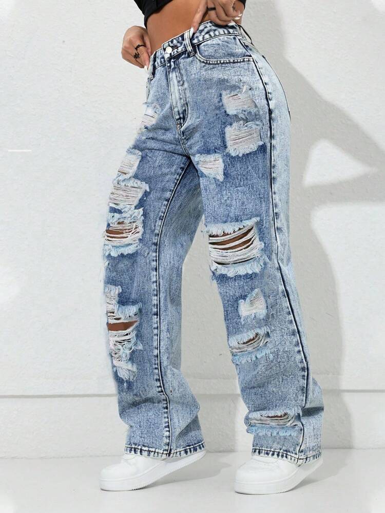 Y2K 复古高腰侧袋开衩直筒牛仔裤 - 寶藍色 - 查看 6