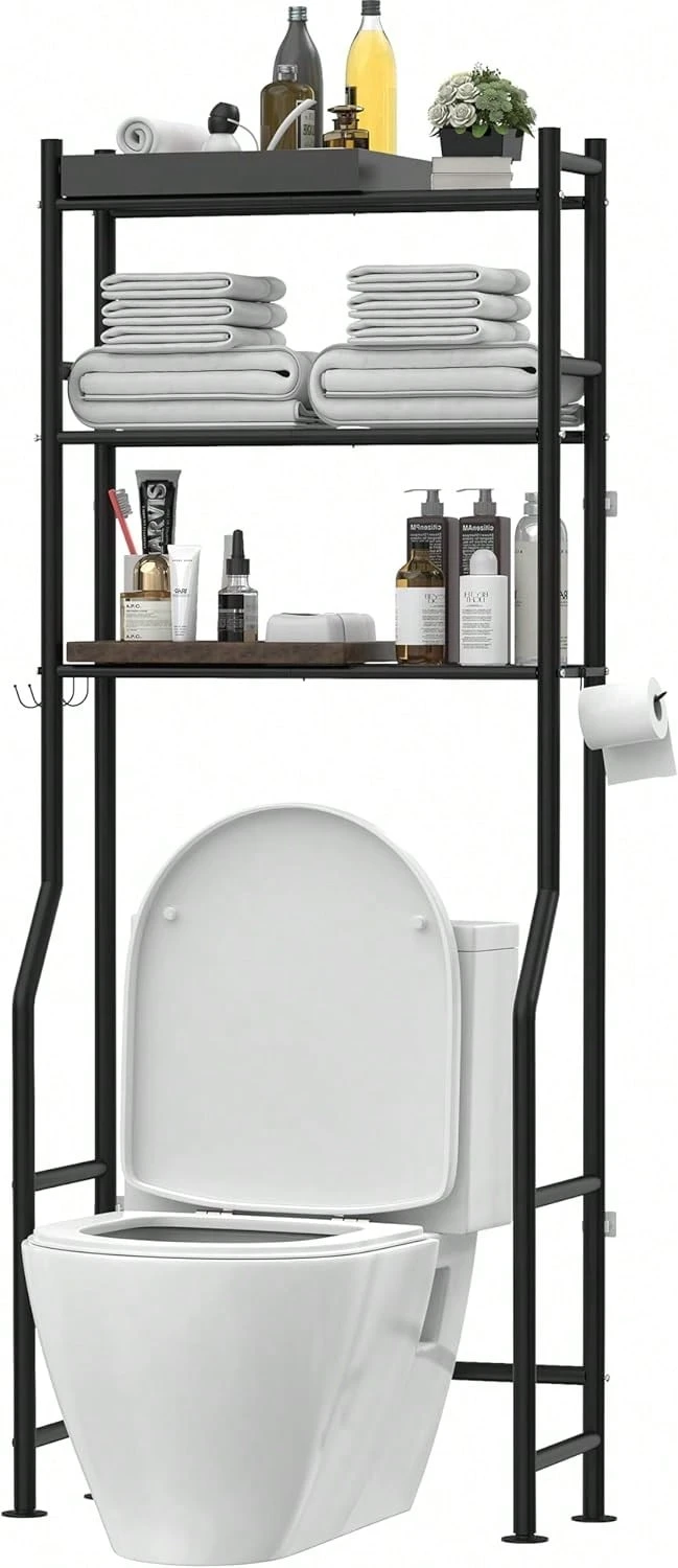 3-Tier Over The Toilet Storage, Freestanding Metal Bathroom Shelves With 4 Hooks, Over Toilet Storage Shelf With Paper Holder, Above The Toilet Shelf For Bathroom Storage, Black - 黑色 - 查看 1