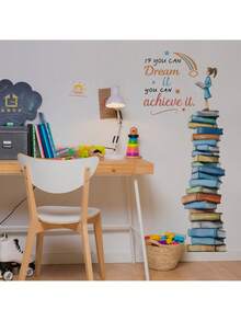 1 件儿童教育墙贴，带有卡通书籍和梦想 - 可移除激励装饰，适用于托儿所、教室、游戏室、儿童房装饰墙贴