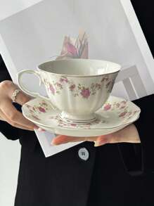 1set (1 Cup + 1 Saucer) Vintage Floral Ceramic Coffee Cup And Saucer Set, Hand-Painted Pink Flower Latte Mug For Office, Home, Afternoon Tea, Gifts Back To School