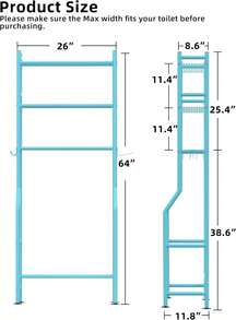 3-Tier Over The Toilet Storage, Freestanding Metal Bathroom Shelves With 4 Hooks, Over Toilet Storage Shelf With Paper Holder, Above The Toilet Shelf For Bathroom Storage, Blue - 藍色 - 查看 5