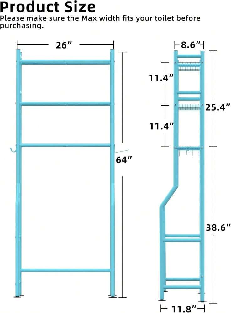 3-Tier Over The Toilet Storage, Freestanding Metal Bathroom Shelves With 4 Hooks, Over Toilet Storage Shelf With Paper Holder, Above The Toilet Shelf For Bathroom Storage, Blue - 藍色 - 查看 5