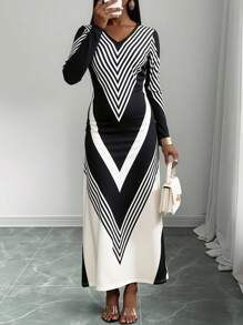1pc Random Print Modest Elegant Casual Long Sleeve Split Maxi Dress, Suitable For Date Night, Holiday, Office, Home Daily Wear, Spring/Summer/Autumn