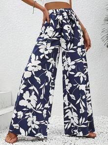 Floral Print Wide Leg Pants, High Waisted Vacation Style Trousers For Women, Spring/Summer