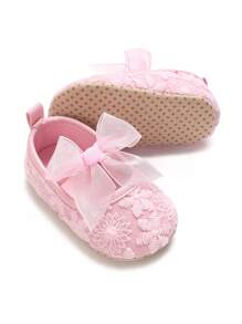 春秋季婴儿鞋，可爱女婴学步鞋，0-12个月柔软蝴蝶结生日派对礼服鞋 - 粉色 - 查看 2