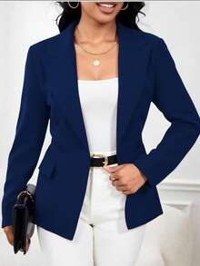 Women's Tailored Blazer Fake Pocket With Lined Buttons Double Pocket Simple Elegant - 藏蓝色 - 查看 2