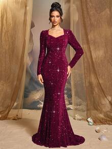 CHOSMO 新款秋季亮片长袖橙色舞会礼服，魅力优雅修身高腰晚礼服，女士长款连衣裙，正式长款礼服，秋季婚礼宾客礼服，春季派对礼服 - 酒紅色 - 查看 5