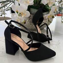 Women's Pumps Shoes Cross Straps High Heel 8 Cm Thick Shiny Elegant Original Show Show - 黑色 - 查看 4