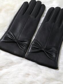 1 Pair Solid Color Casual Elegant Bow PU Leather Gloves, Warm And Fashionable Touch Screen Gloves For Women, Suitable For All Seasons, Autumn/Winter, Bow Decor, Riding Gloves, Thermal Lined, Cute Student Gloves, Black