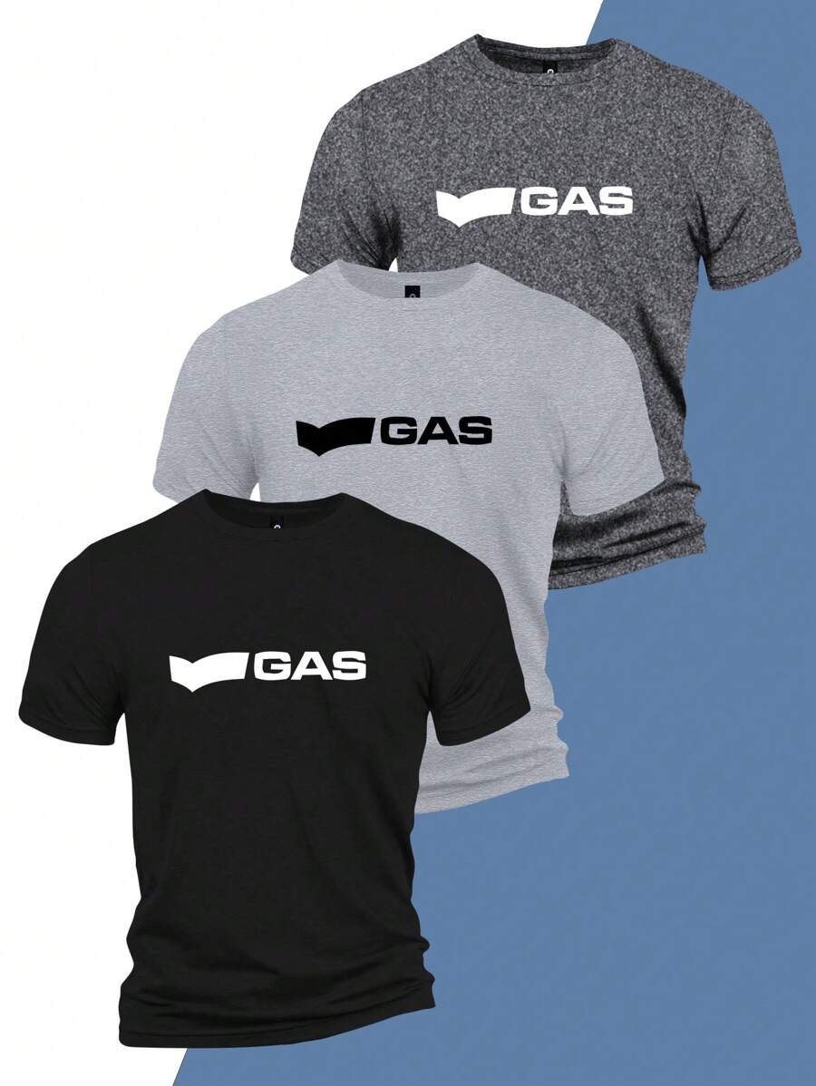 3 Stücke Herren Lässig Sportanzug, atmungsaktives, weiches, anliegendes Shirt mit Buchstabenaufdruck, Rundhalsausschnitt, Kurzarm, Mischung aus Polyester und Elastan, maschinenwaschbar, leicht und lässig, ideal für den täglichen Sommertragen der Herren, hervorragend für Outdoor-Aktivitäten, Reisen und Entspannung, perfektes Geschenk für Ehemann oder Freund