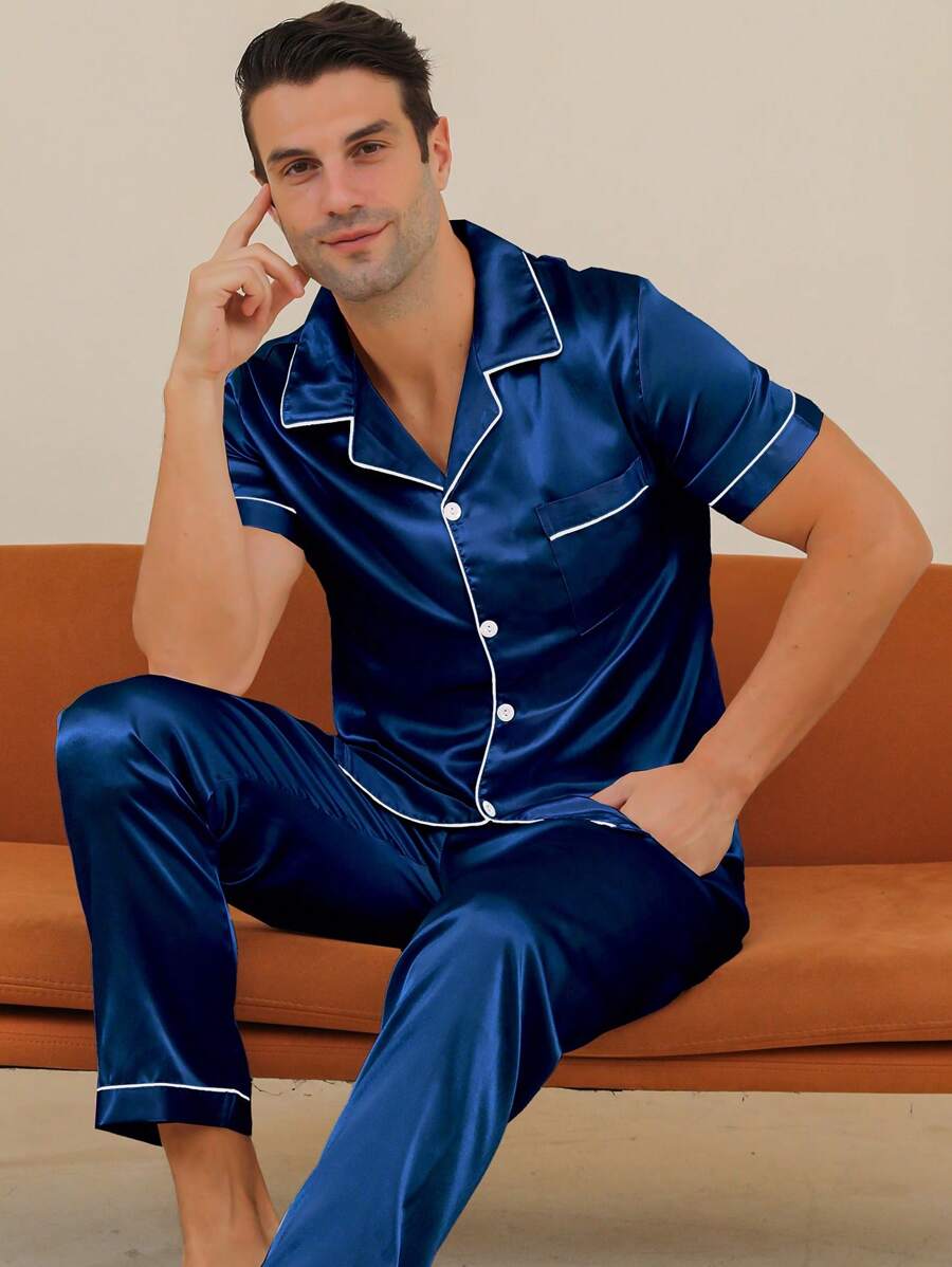 Two Pieces Sets Men's Pajamas With Open Button Top And Pants Set