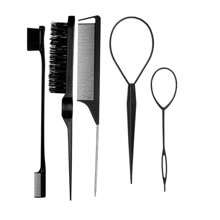 5Pcs Pink Hair Brushes & Tools Set: Topsy Tail, Edge, Bristle Brush, Rat Tail Comb, Slick Back Brush For Women & Girls' Hair Styling