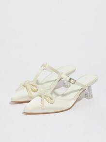 Women Polka Dot Bow High Heel Sandal - Pointed Toe Slip-On Party Shoe, Beige Hollow-Out Design, Fashionable & Comfortable, Suitable For Activities And Casual Outings, Casual High Heels | Unique Bow Design | Bow Decoration