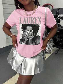 With Ring On Hand - 100% Cotton Women's T-Shirt Lauren Hill Letter Print Y2k Vintage Tee Casual Summer Plus Size Top - Niche Graffiti Prints Shirts - 粉色 - 查看 2