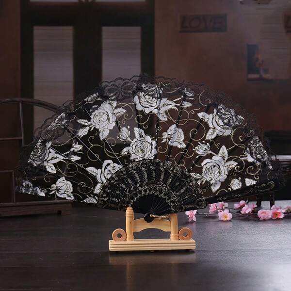 1 stuk nieuwe Chinese vintage zwarte kanten opvouwbare waaier, decoratieve handwaaier, luxe cheongsam-waaier met kwastjes in ouderwetse stijl, woondecoratie, klassieke dansvoorstelling op het podium, Halloween-decoraties, vakantiekostuums, Valentijnsdag