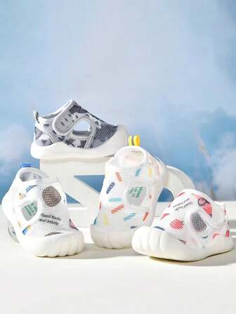 1 Par de zapatos respirables de malla para niños/bebés con suela blanda, antideslizantes, de punta redonda, ligeros, para interior y exterior, de 6 meses a 3 años, con cierre de gancho y bucle de fácil uso, sandalias casuales de moda para primavera/verano