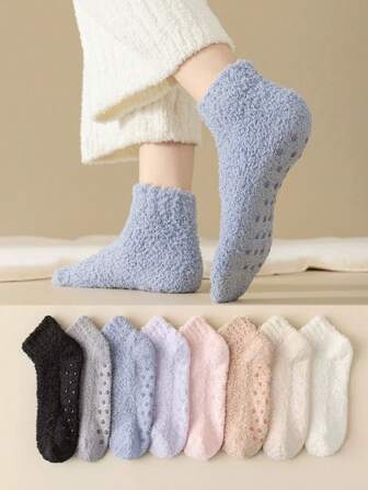 3/5 Pairs Women Solid Color Coral Fleece Silicone Non-Slip Crew Socks, Warm Lining, Soft & Comfortable, Suitable For Indoor, Gatherings, Ins Style, Ankle Socks, Cozy
