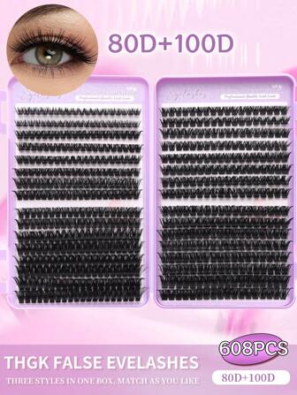 Kit di ciglie a grappolo da 608 pezzi - Lunghezza mista da 8-16 mm con arricciatura 80D+100D, volume naturale e soffice, estensioni di ciglie finte in visone riutilizzabili, ipoallergeniche e leggere come piume (adatte per principianti) per occasioni matrimoniali/festa/uso quotidiano