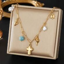 1 Pc Vintage Oval Portrait Pendant Necklace Chain, Versatile Turquoise Water Drop Faux Pearl Angel Clavicle Chain Jewelry
