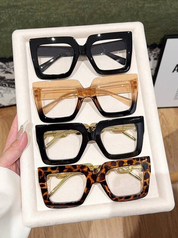 4pcs Oversized Square Frame Eyeglasses With Clear Lenses, Fashion Accessory Glasses For Casual Daily Wear, Suitable For Any Face Shape, Classic Versatile Design, Great Gift For Parties, Holidays